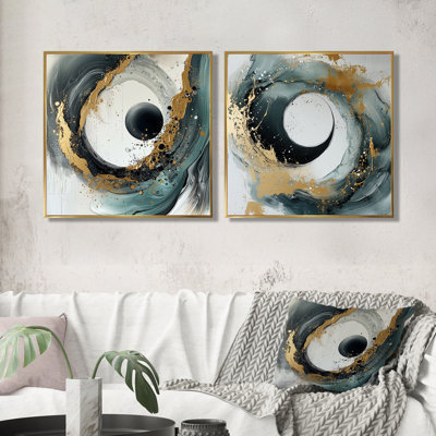 «Black Gold Yin and Yang Spiral Design III» - signe du zodiaque chinois - art mural moderne 2 pièces