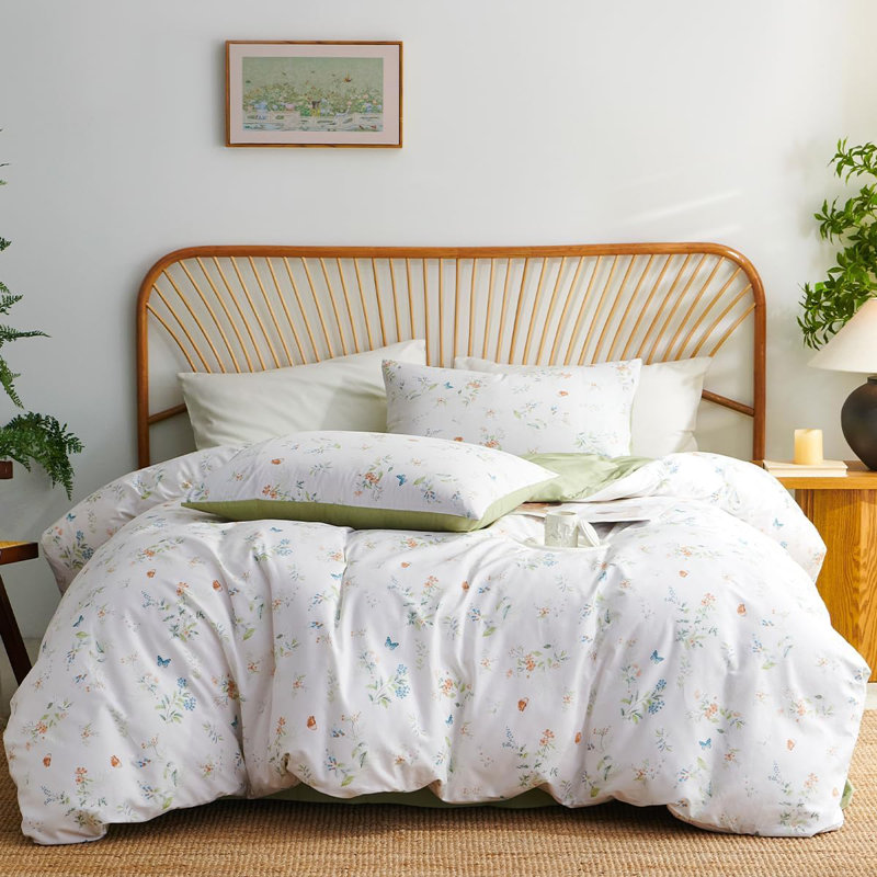 Cotton Duvet Cover Chic Floral Butterfly Comforter Coverreversible Green Botanical Bedding Pure Cotton White Duvet Cover Set