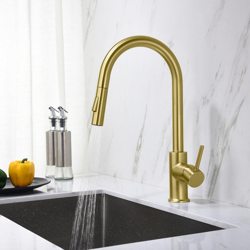 Pull Down Single Handle Kitchen Faucet, Brushed Gold