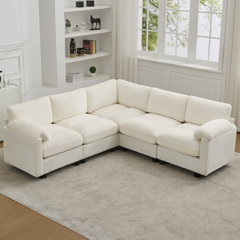 Canapé modulaire 5 places avec accoudoirs coussinés, Chenille beige