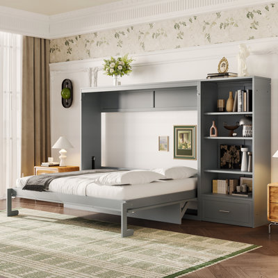 Grand lit escamotable avec compartiments de rangement à hauteur réglable et tablette, cadre de lit mural avec 1 tiroir, lit plateforme pliable multifonctionnel pour les petits espaces, chambre à coucher, chambre d'amis, gris