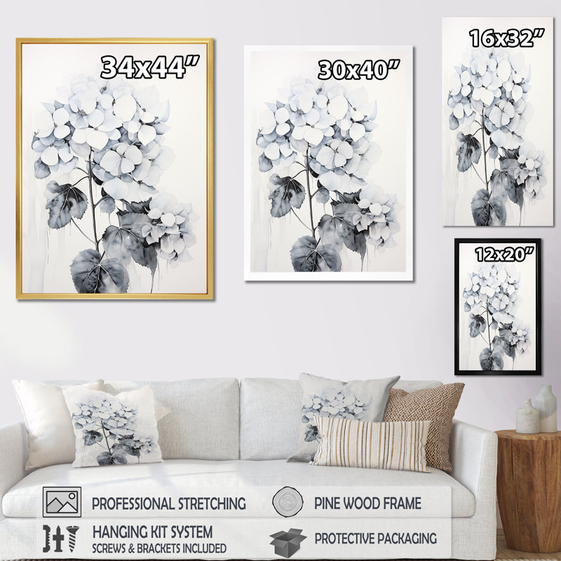 «Grey Minimalisme Hydrangea Delight», reproduction sur toile encadrée, H 32 po x l 16 po x P 1 po, Cadre flottant doré