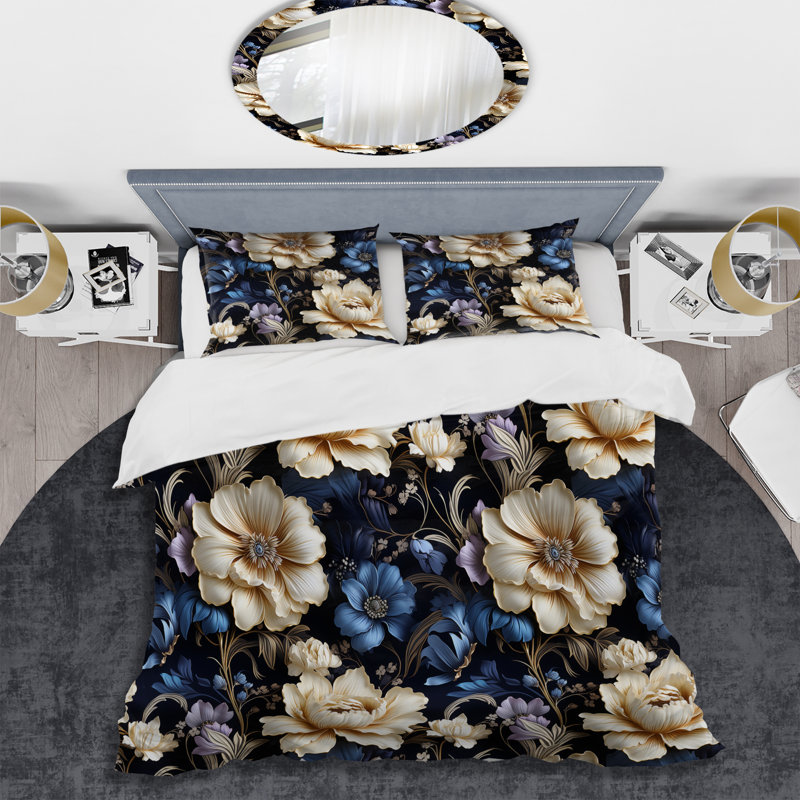 Victorian Blue and White Damask Grand - Ensemble de housse de couette damassé
