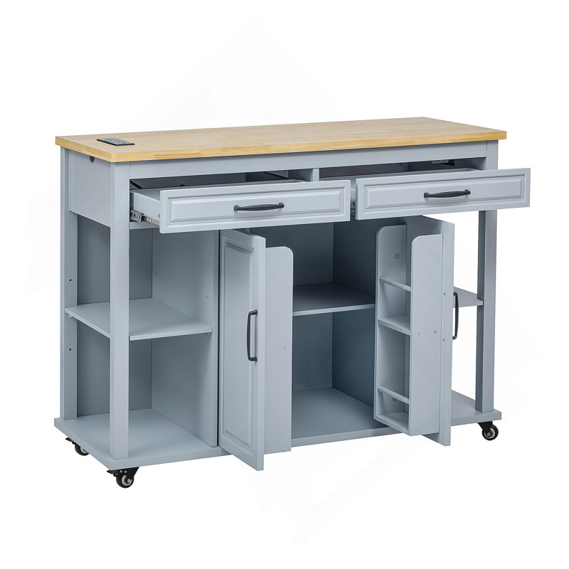 47 Inch Kitchen Island With Extendable Dining Table, Rubber Wood Veneer Kitchen Table With Internal Storage Rack, Power Outlet, Kitchen Island With Storage 2 Drawers 2 Cabinet,Grey Blue