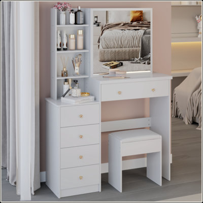 37" Middle Size Left Bedside Cabinet Vanity Table + Cushioned Stool, Extra Large Right Sliding Mirror, Multi Layer High Capacity Storage, Practical Fashionable Dresser, Suitable For Large Space