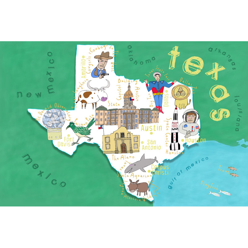Cartes illustrées de l'État du Texas, H 24 po x l 36 po