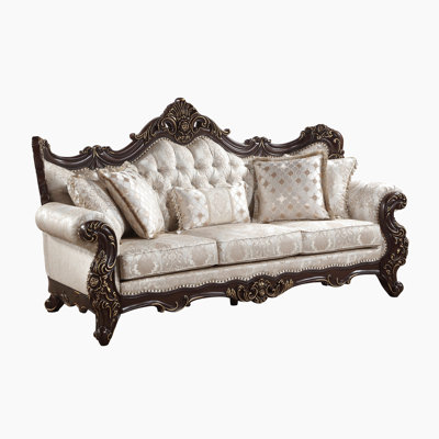 Chrystin 94.5" Traditional Jacquard Living Room Sofa with Button-Tufting, Nailhead Trim & 5 Decorative Pillows