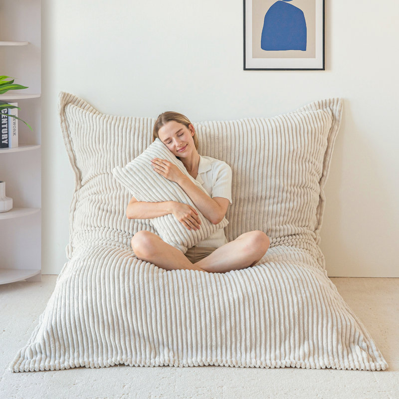 Fauteuil à billes convertible 80 po 3 en 1 avec coussin blanc, Velours côtelé blanc, 80"W x 59"D