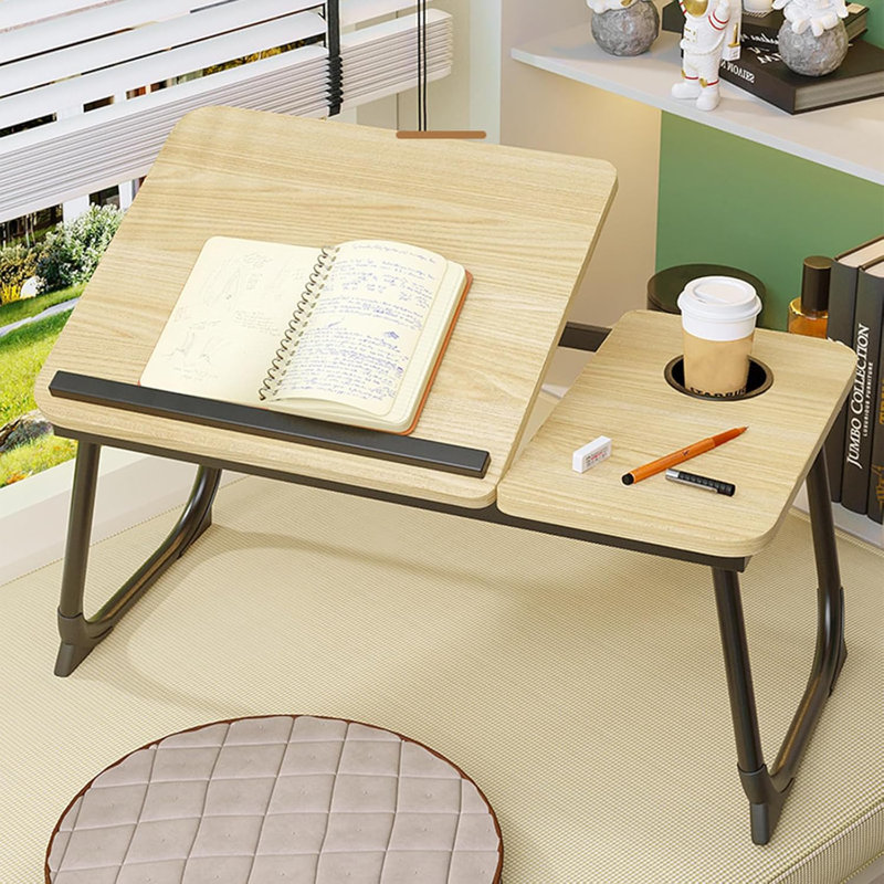 Bureau d'ordinateur portable pour lit et canapé avec porte-gobelet, Noyer