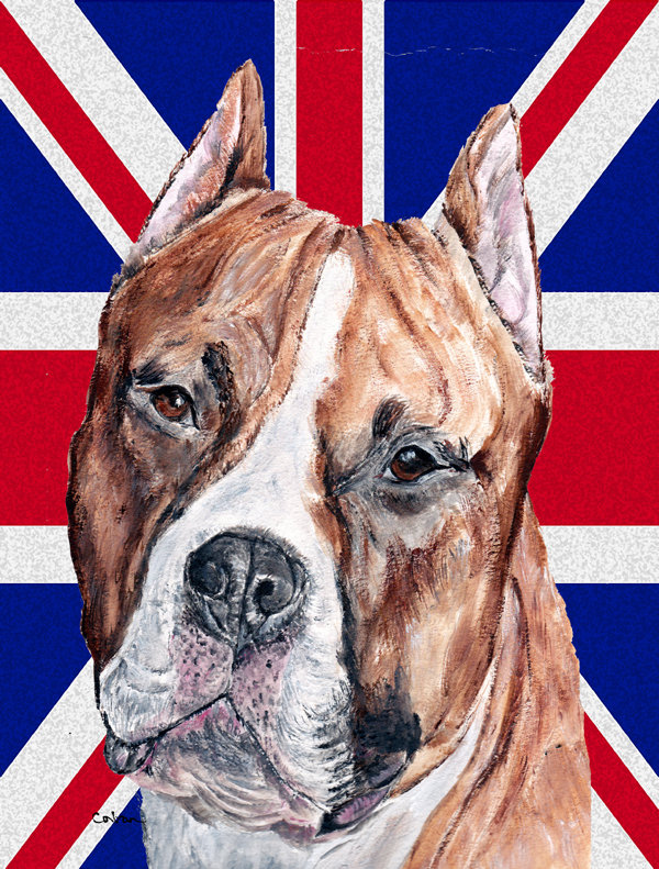 Drapeau de jardin 2 côtés english union jack, Bull-terrier (brun et blanc)
