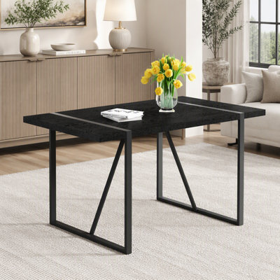Table de salle à manger rectangulaire minimaliste de 55 pouces avec plateau texturé noir et pieds en métal