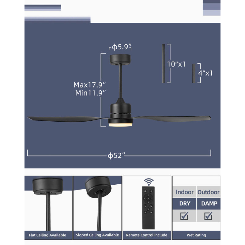 Ventilateur de plafond 51,96 po avec télécommande et ensemble d'éclairage inclus, Noir