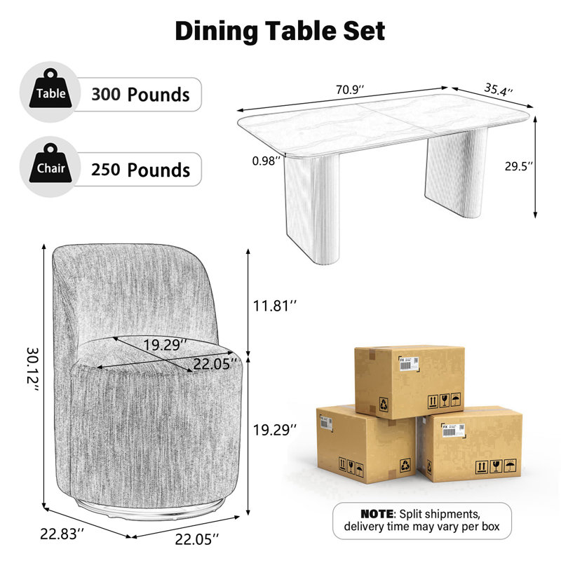 Ensemble de table de salle à manger moderne 71 po ovale avec chaises pivotantes 4/6, pieds ondulés et rotation à 360 ° pour la cuisine et la salle à manger