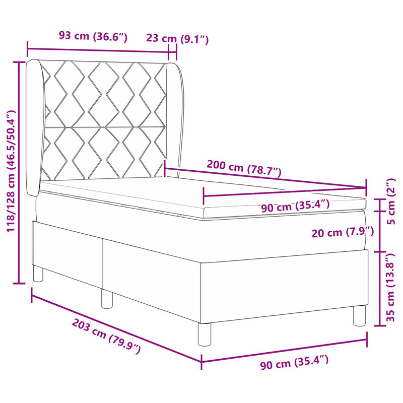 Upholstered Bed with Mattress, Light Grey, 90 x 200 cm, Diamond Blocks Design