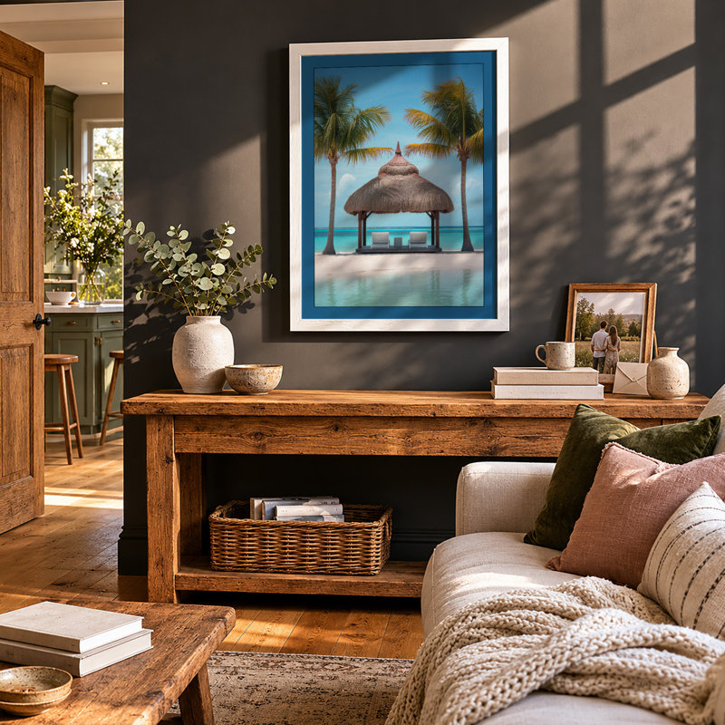 Tropical Pavilion Coastal - Framed Print, A3 - 42.0 x 29.7 cm, Walnut