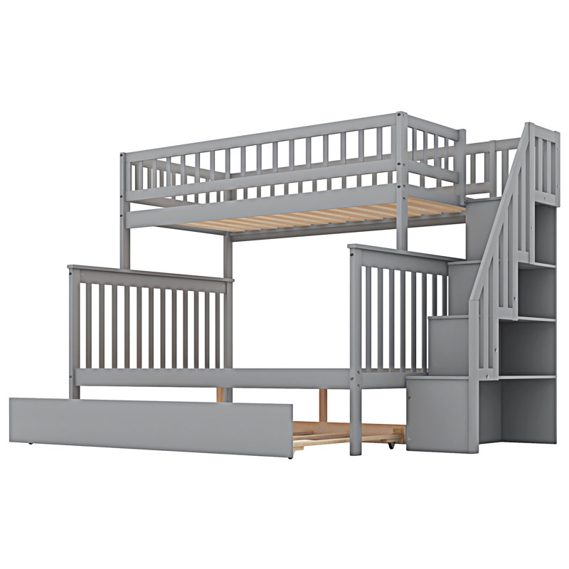 Bunk Bed With Trundle And Staircase, Grey, Twin