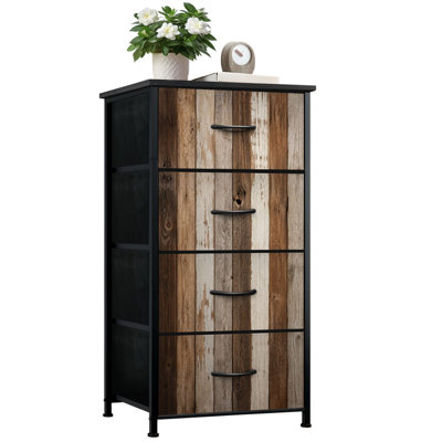 Commode pour la chambre à coucher avec 4 tiroirs de rangement Planche de bois rustique vieilli brun gris blanc Tons de commode Commode en acier avec cadre en tissu pour vestibule