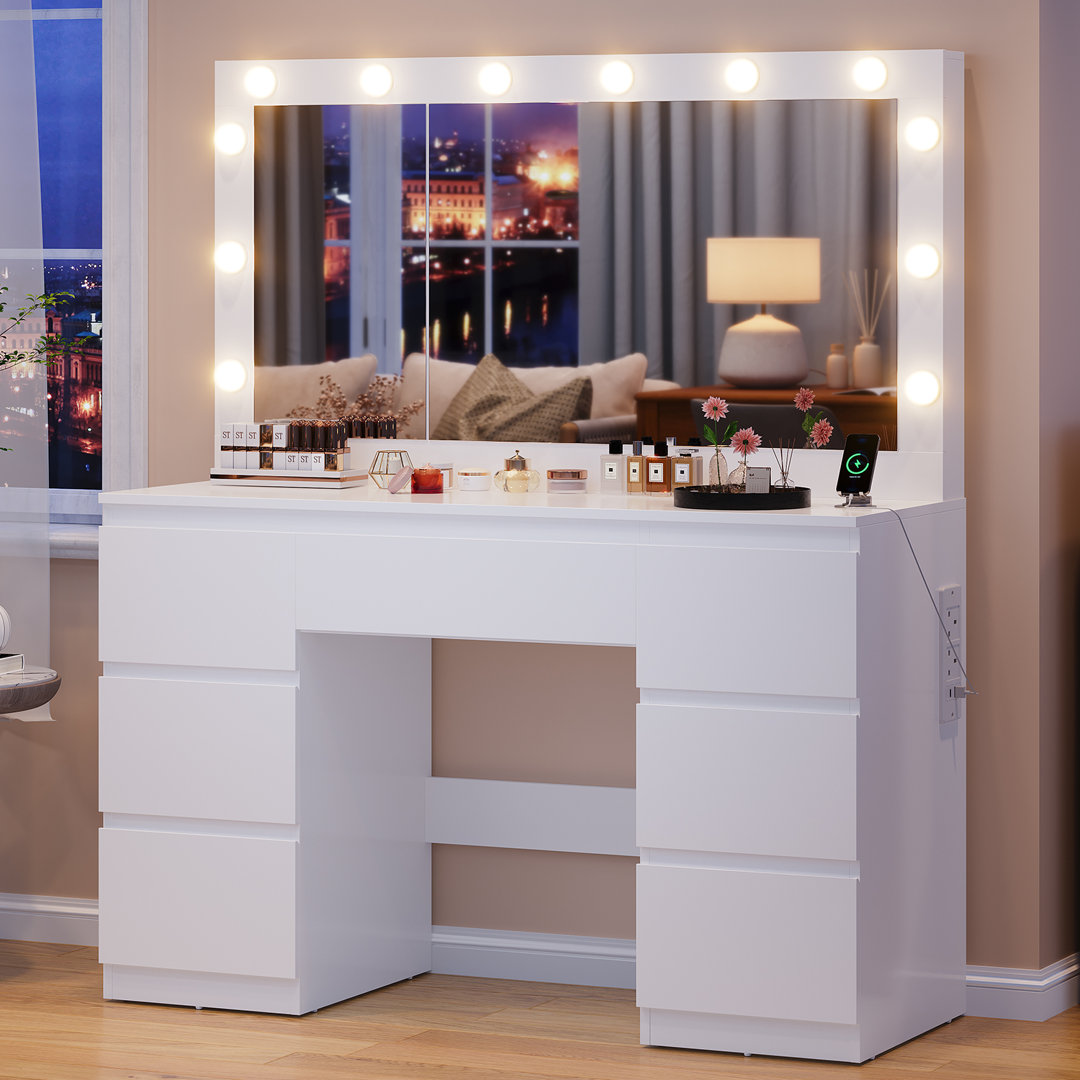 120cm Dressing Table With Mirror Bulb Light Makeup Vanity With Jewelry Cabinet