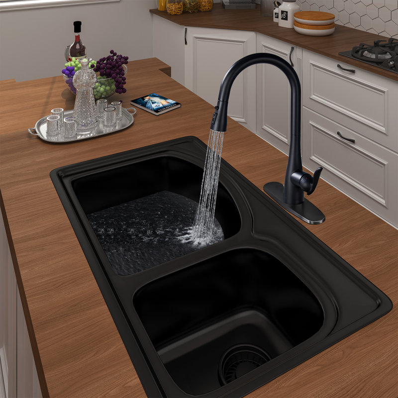 Robinet de cuisine à poignée simple rétractable, Noir mat