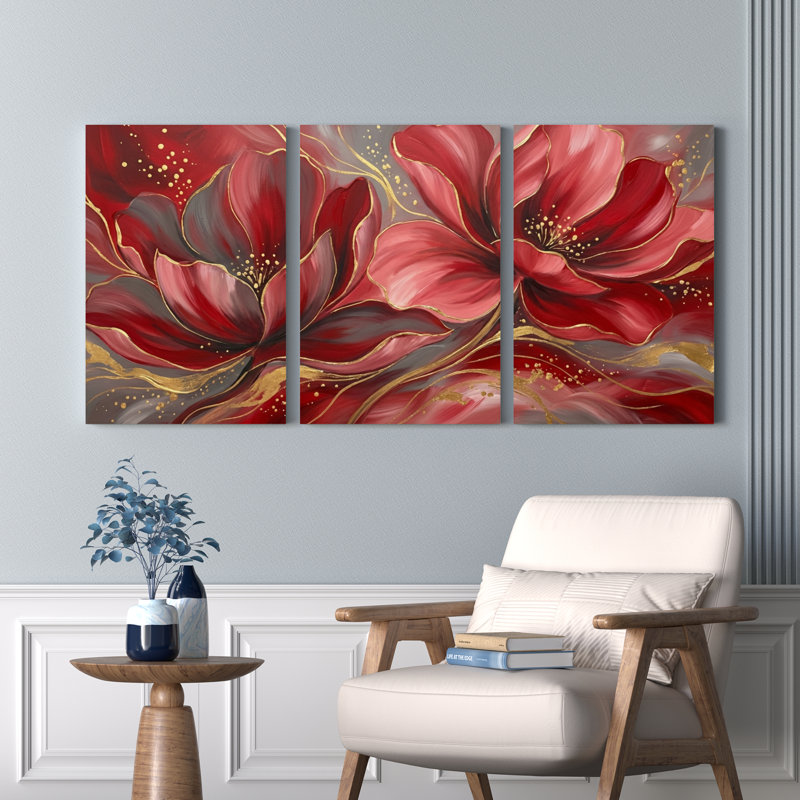 Ensemble de 3 tableaux abstraits floraux rouges sur toile tendue, pour la décoration du salon et de la chambre., 2436