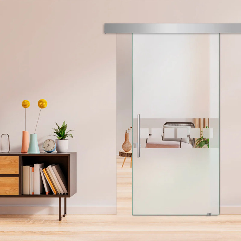 Porte de grange coulissante en verre sans cadre avec design moderne sablé et quincaillerie (semi-privée), 28 po x 81 po