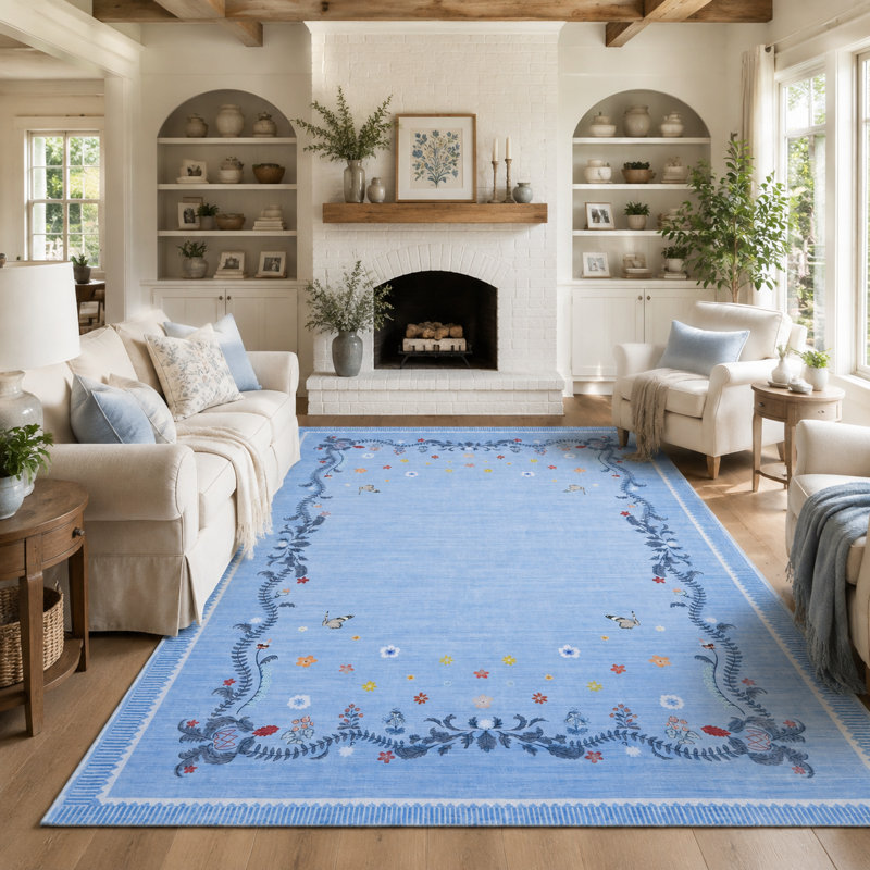Tapis à bordure Clover Petal pour chambre à coucher et salon, Bleu, 10 x 13 pi