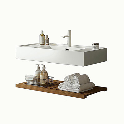 36" Bathroom Vanity with Vessel Sink, Wall-Mounted Floating White Rectangular Acrylic Integrated Basin without Faucet, Striped Shelves Layer, Dark Walnut Woodgrain Color