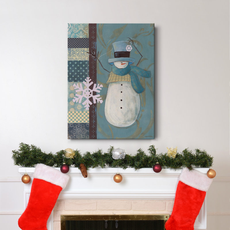 Bonhomme de neige Patchwork I - Toile tendue avec châssis de qualité supérieure, H 60 po x l 40 po x P 1 po
