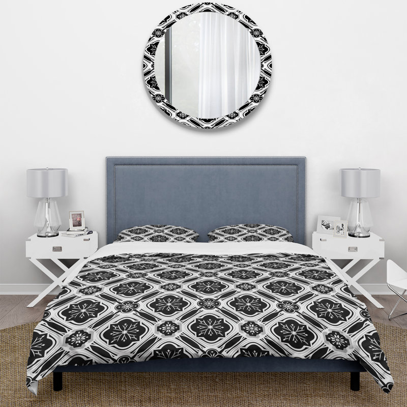 Ensemble de housse de couette Hexagone noir et blanc traditionnel, Housse de couette pour grand lit et 2 taies décor