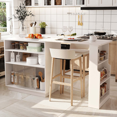 Table à hauteur de comptoir avec plateau rotatif extensible, portes coulissantes en acrylique, panneau perforé, tablettes ouvertes et poignées en aluminium pour la salle à manger, l'îlot de cuisine ou le bar à la maison.