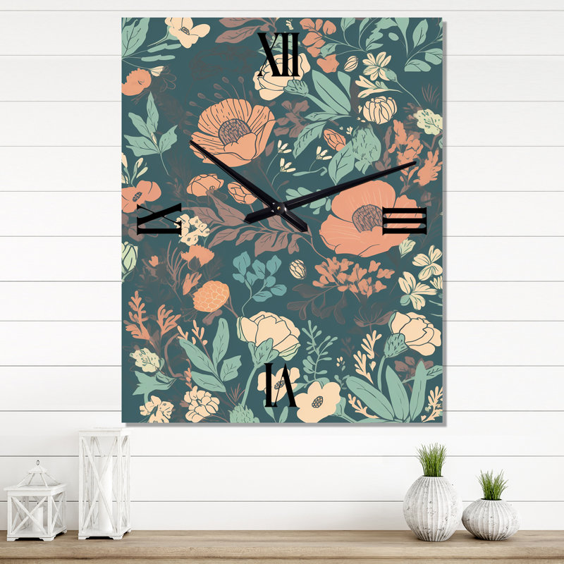 Horloge murale rétro avec fleurs rétro rétro pastel I - Abstract Botanicals, H 32 po x l 16 po x P 1 po