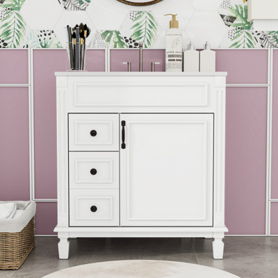 Meuble-lavabo compact autoportant avec lavabo en céramique, charnières à fermeture en douceur et grand espace de rangement