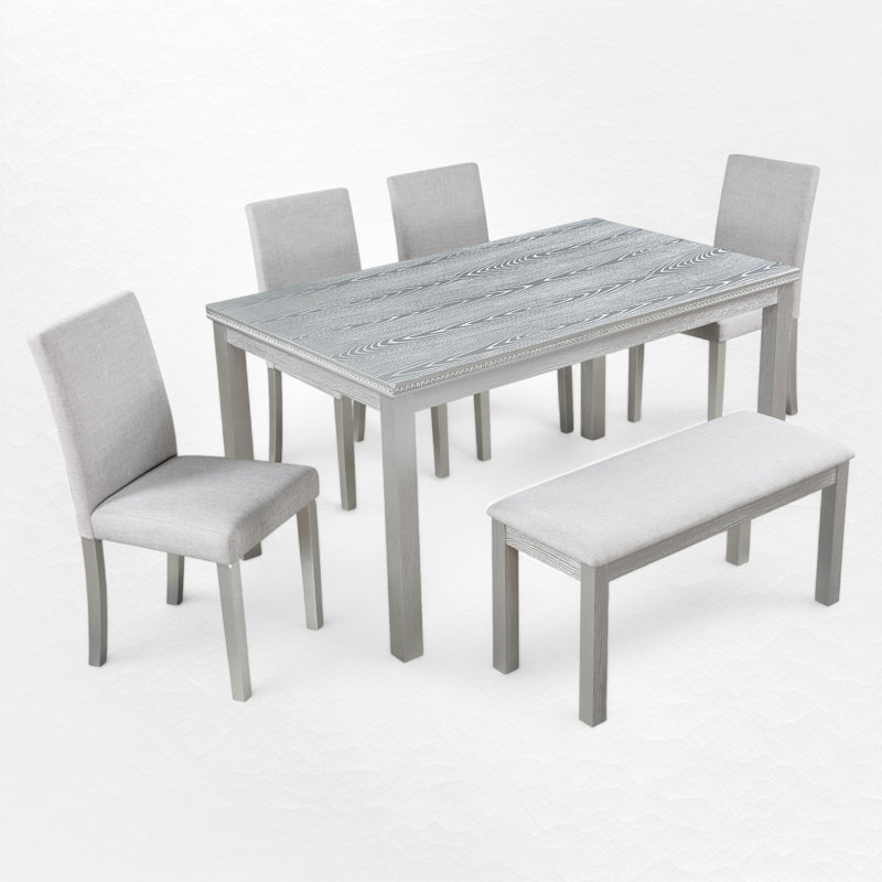 Farmhouse 6 Piece Dining Set Kitchen Table Set With Bench,,dining room set,dinning table set, Light Grey/Grey