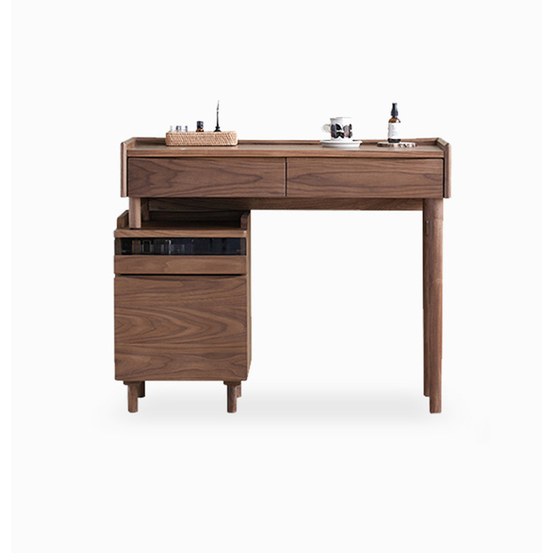 Bureau intégré minimaliste avec coiffeuse en noyer minimaliste, idéal pour les petites chambres
