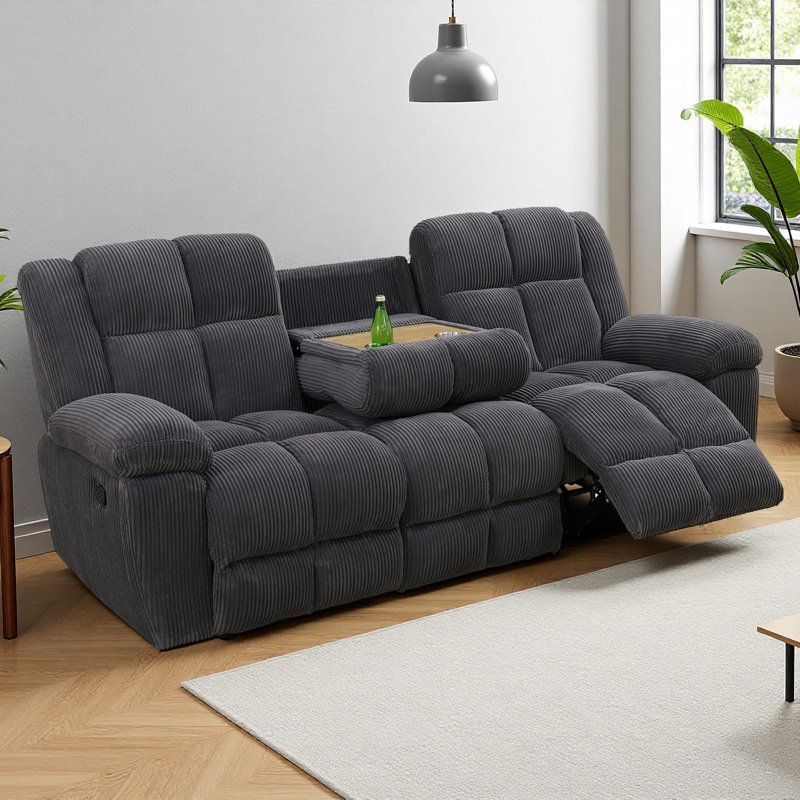 2-Piece Premium Corduroy Manual Recliner Sofa Set With Drop-Down Coffee Table,And Cup Holders, Gray