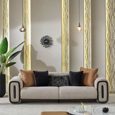 Modern Cream Bouclé Sofa With Sculpted Gloss Black Trim – Deep Seating & Designer Accent Pillows