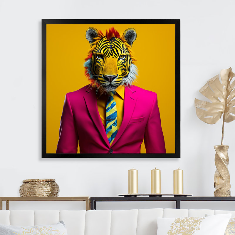 Rose avec tigre - art mural tigre, H 16 po x l 16 po x P 1 po, Cadre simple noir