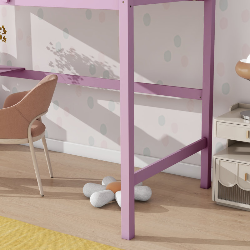 Pink Twin Loft Bed With Built In Desk Safety Rail, Pink