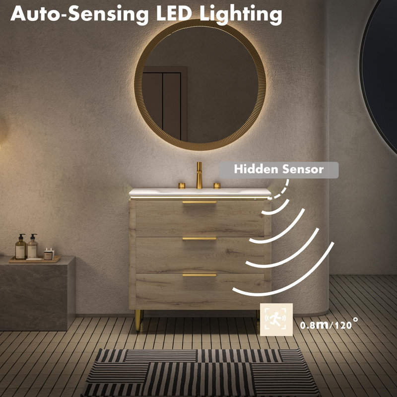  36 Inch Freestanding Bathroom Vanity, Curved Edge with Motion Sensor LED Light, Carrara White Sintered Stone Basin, Pre-assembled