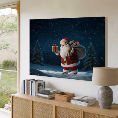 Toile, "Un père Noël joyeux" se tient dans une neige qui tombe doucement, tenant un cadeau magnifiquement enveloppé orné d'un ruban rouge