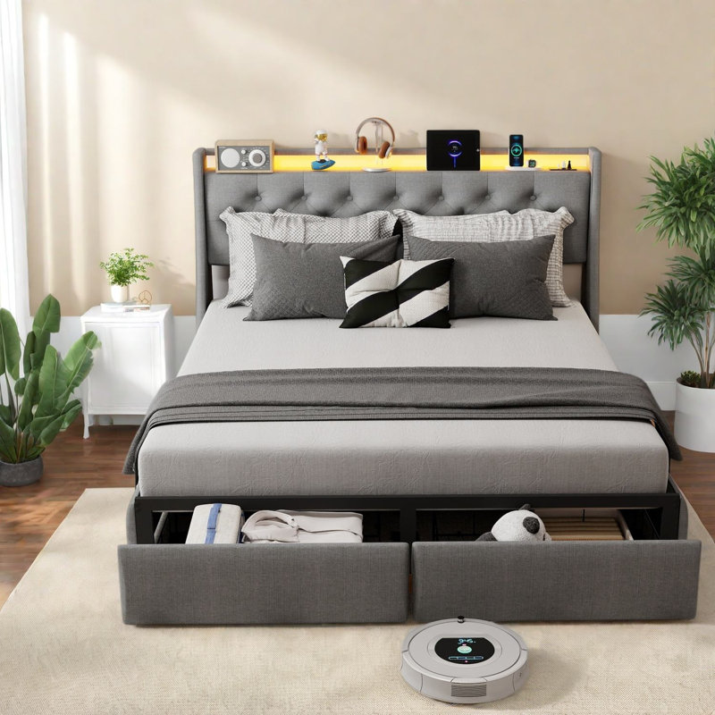 Lits avec rangement, cadre en métal Queen, plateforme DEL moderne pour la maison