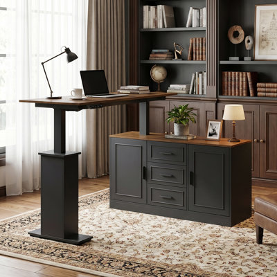 55" Height Adjustable Standing Desk With Storage Cabinet, 3 Drawers, 2 Doors And Memory Preset Controller