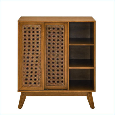 Sideboard Cabinet Mid Century Modern Light Wood with Rattan Doors, Adjustable Shelves &amp; Outlet Holes | MDF | Solid Wood Feet