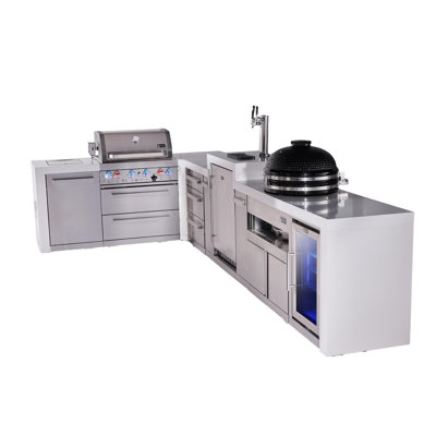 Mont Alpi Premium 4-burner 82"x156" L-shaped 400 Deluxe Stainless Steel Modular Outdoor Kitchen Island Bbq Grill + Infrared Side Burner + Kegerator + Refrigerator + Kamado + Storage Drawers & Cabinets