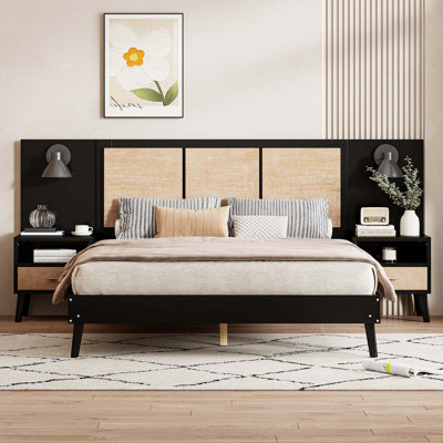 Queen Size Solid Wood Bed Frame with 2 Nightstands,Elegant Design with Lamps, Rattan and Wood Combination