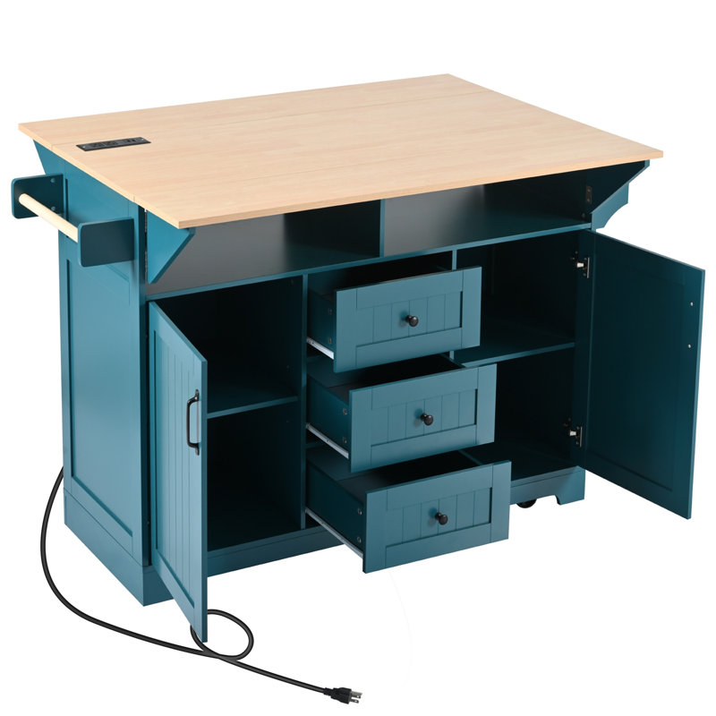 55.7'' Large Kitchen Island with 2 Drop Leaf,, Rolling Kitchen Cart on 5 Wheels with Power Outlet, Folding Storage Dining Table with Spice & Towel Rack , 3 Drawers