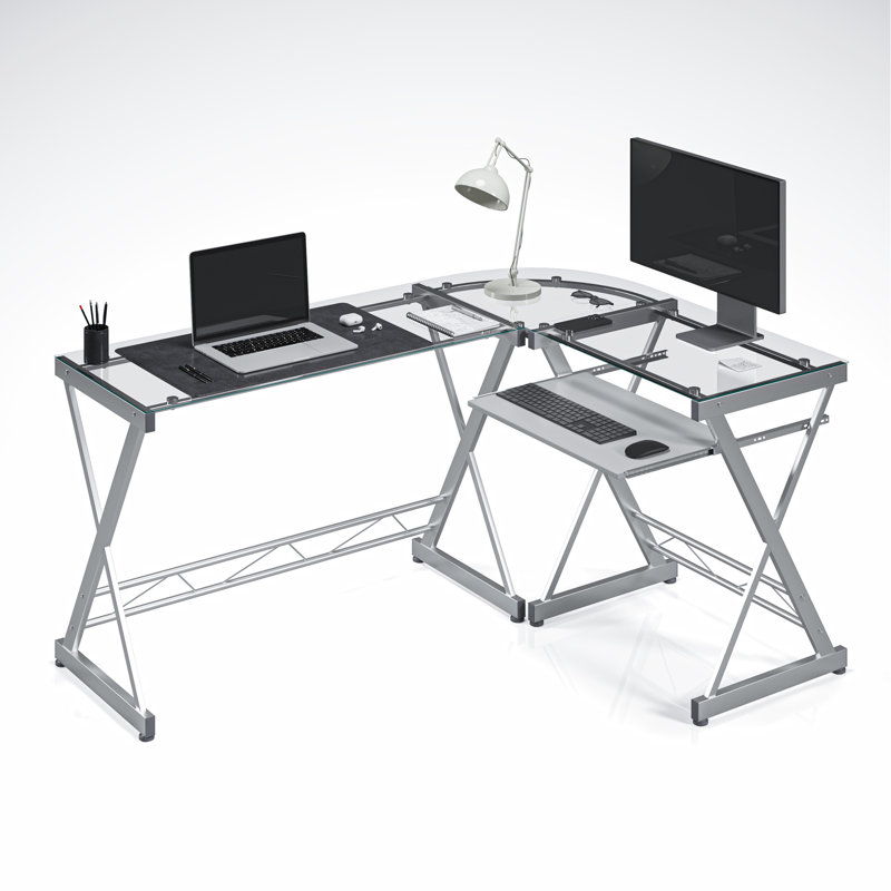 Bureau d'ordinateur en L en verre trempé avec panneau de clavier coulissant, transparent