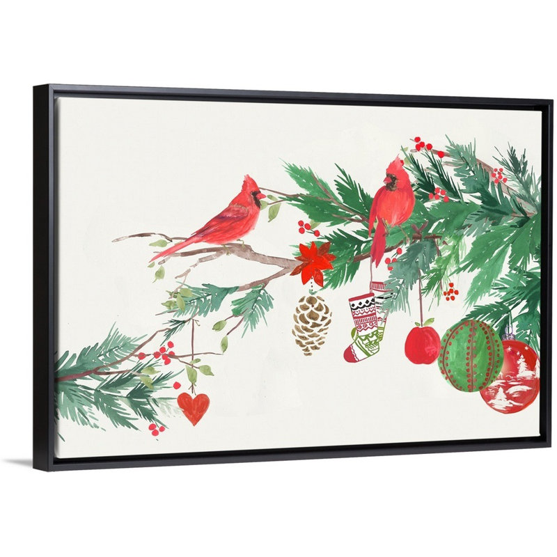 Oiseaux de Noël I - reproduction d'art sur toile, H 14 po x l 20 po x P 1,75 po, Cadre noir