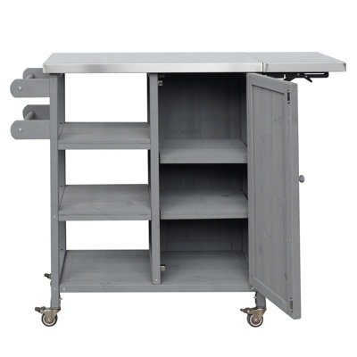 Foldable Outdoor Kitchen Island, Portable Patio Prep Station with Lockable Wheels, Storage Cabinet and Towel Rack, Stainless Steel Worktop for Backyard Outdoor Cooking, Grey