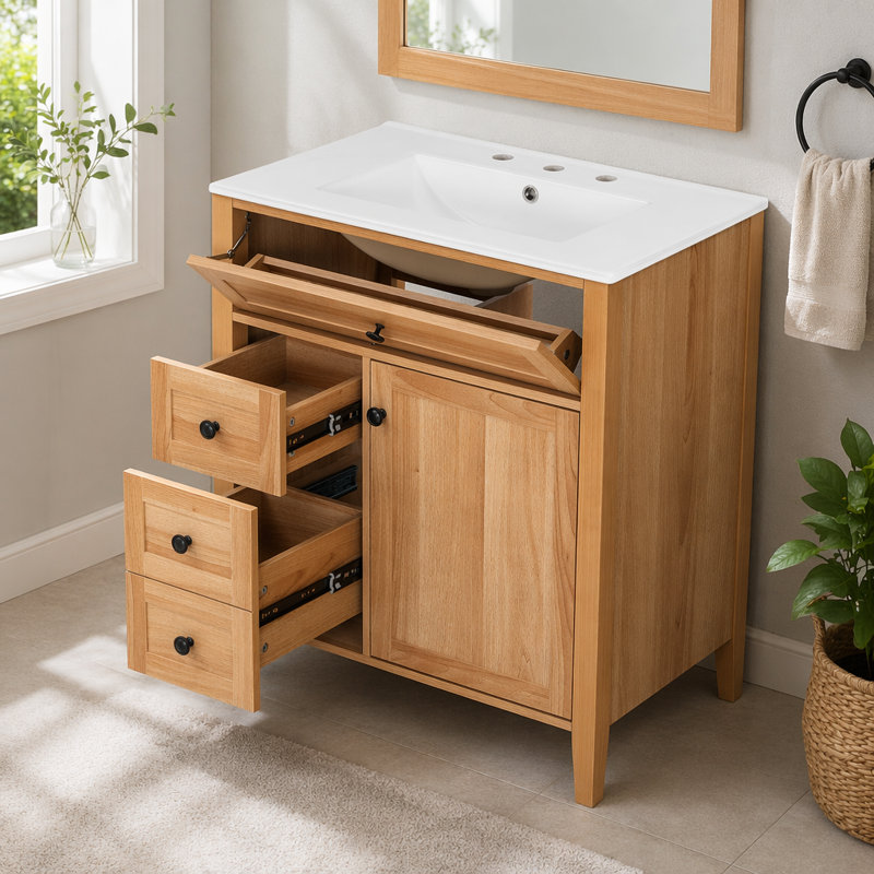 30" Natural Wood Grain Bathroom Vanity with Ceramic Sink, Solid Wood Legs